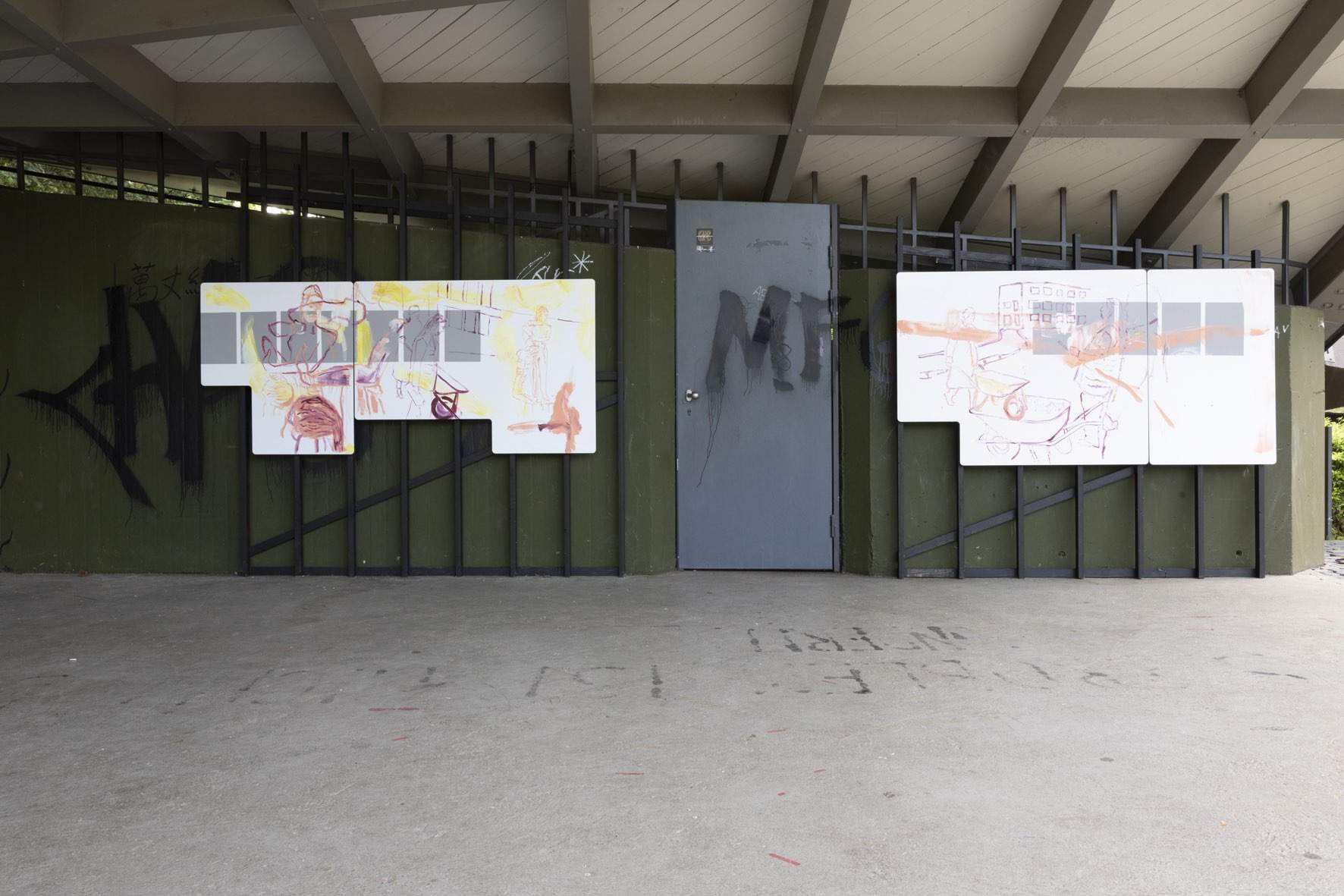 Maximiliane Baumgartner, VON EINEM PUNKT AUS DER VERGANGENHEIT, EINEN PUNKT AUS DER GEGENWART MALEN., 2023, Installationsansicht Stadtgarten
Foto: Gina Folly, © Biennale für Freiburg 2