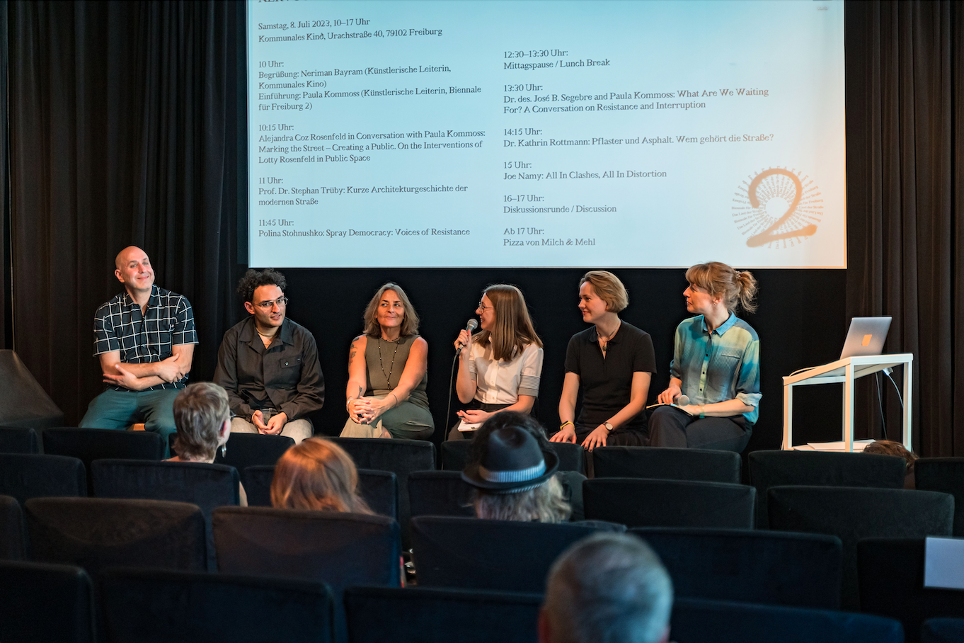 V.l.n.r.: Joe Namy, José B. Segebre, Alejandra Coz Rosenfeld, Paula Kommoss, Polina Stohnushko und Kathrin Rottmann, Foto: Sévérine Kpoti, © Biennale für Freiburg 2